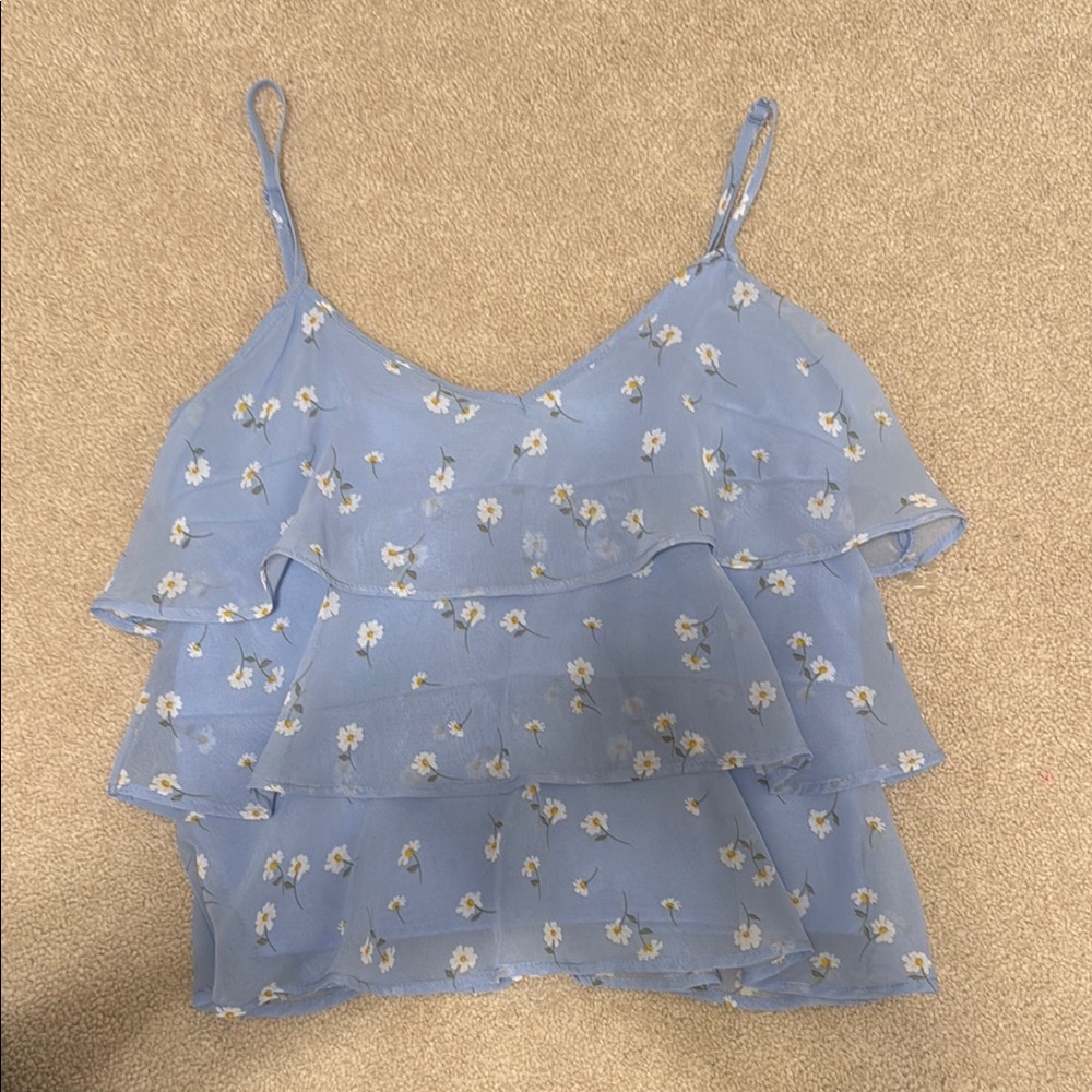 Blue Floral Ruffle Top